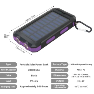 20000mAh Solar Charger Waterproof LED Flashlight